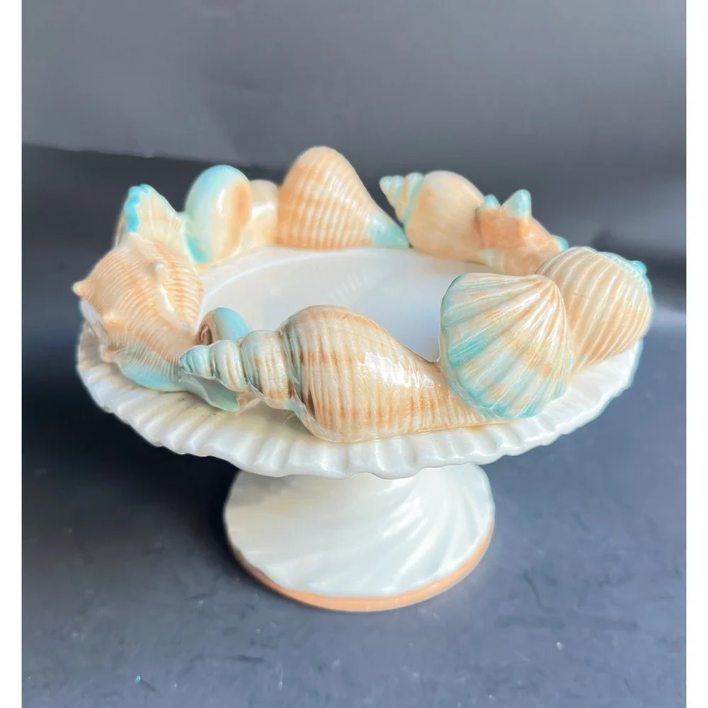 Fitz and Floyd Seashell Compote Footed Bowl Coastal Beach Decor Cream Peach Aqua
